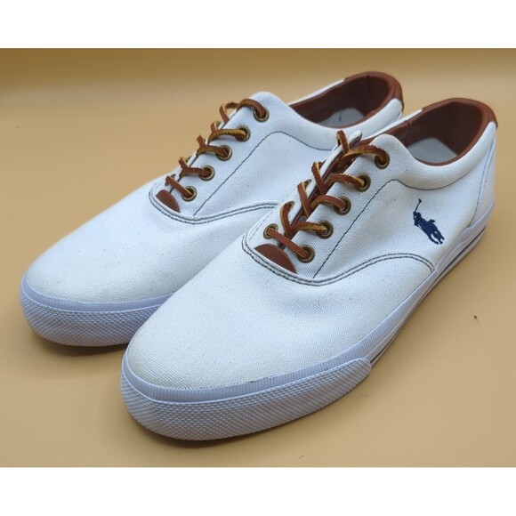 Polo Ralph Lauren Vaughn White Canvas Sneakers Shoes Mens Size 11 D Leather Lace - Picture 2 of 12
